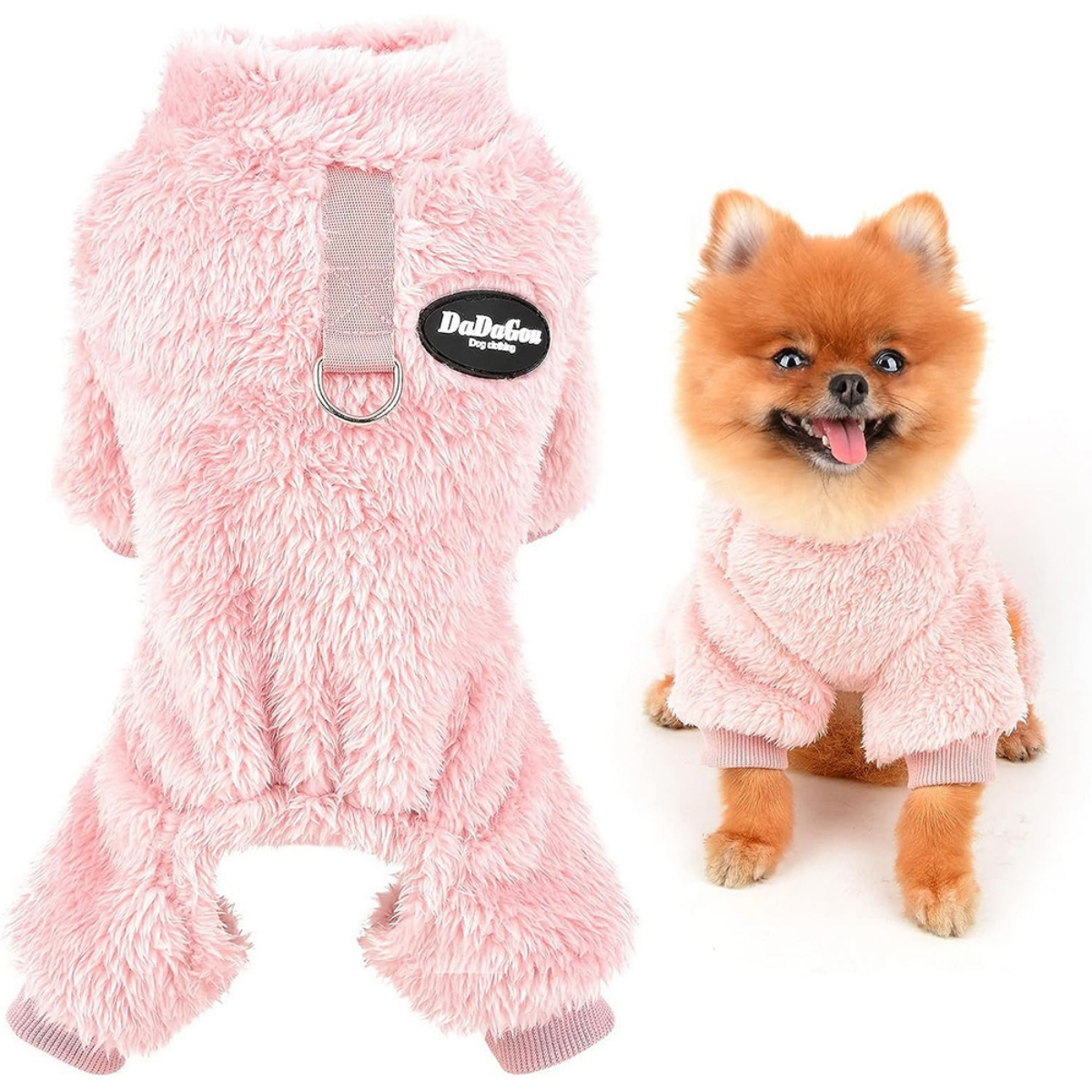 Ein rosa Hunde-Overall und ein Pomeranian, der ein ähnliches Outfit trägt, weißer Hintergrund.