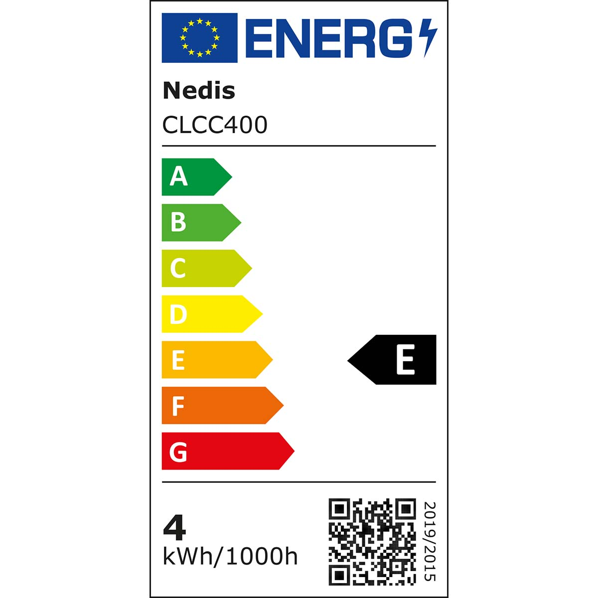 Energie-efficiëntielabel met beoordelingen van A tot G, waarbij een E-beoordeling zwart is gemarkeerd.