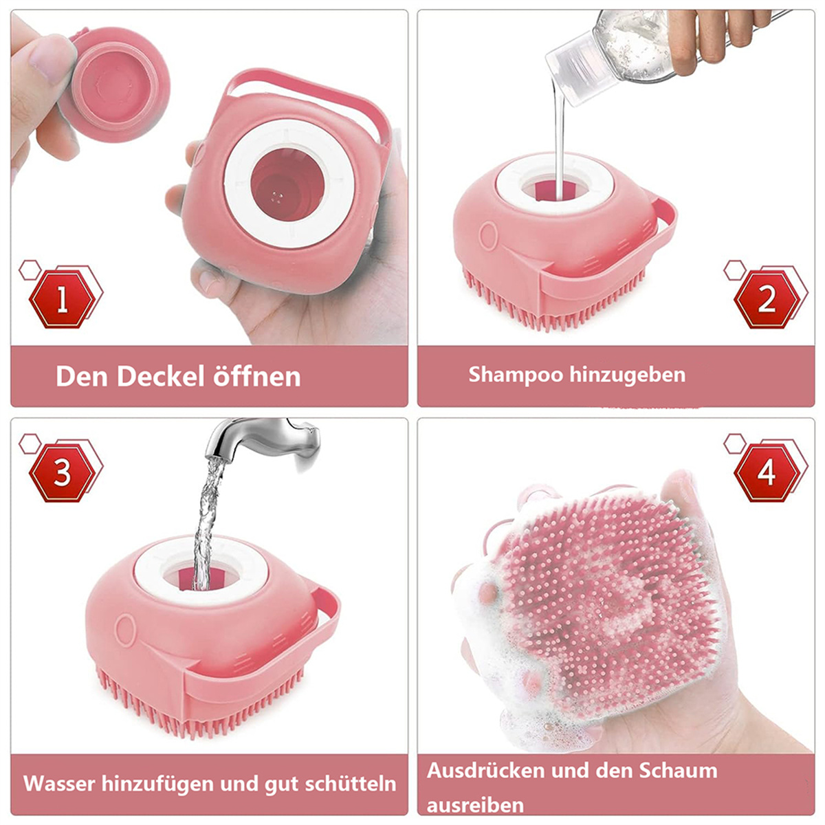 Anleitung zur Verwendung einer rosa Silikon-Badbürste. Vier Schritte werden mit Text auf Deutsch gezeigt.