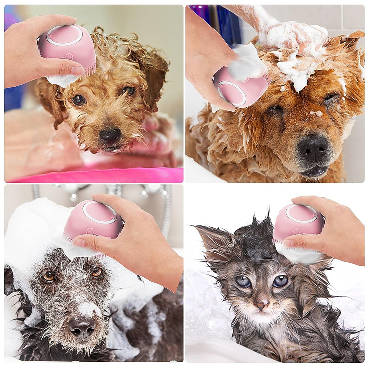 Vier Bilder, die Hunde und Katzen zeigen, die mit einer rosa Bürste mit Shampoo und Blasen gebadet werden.