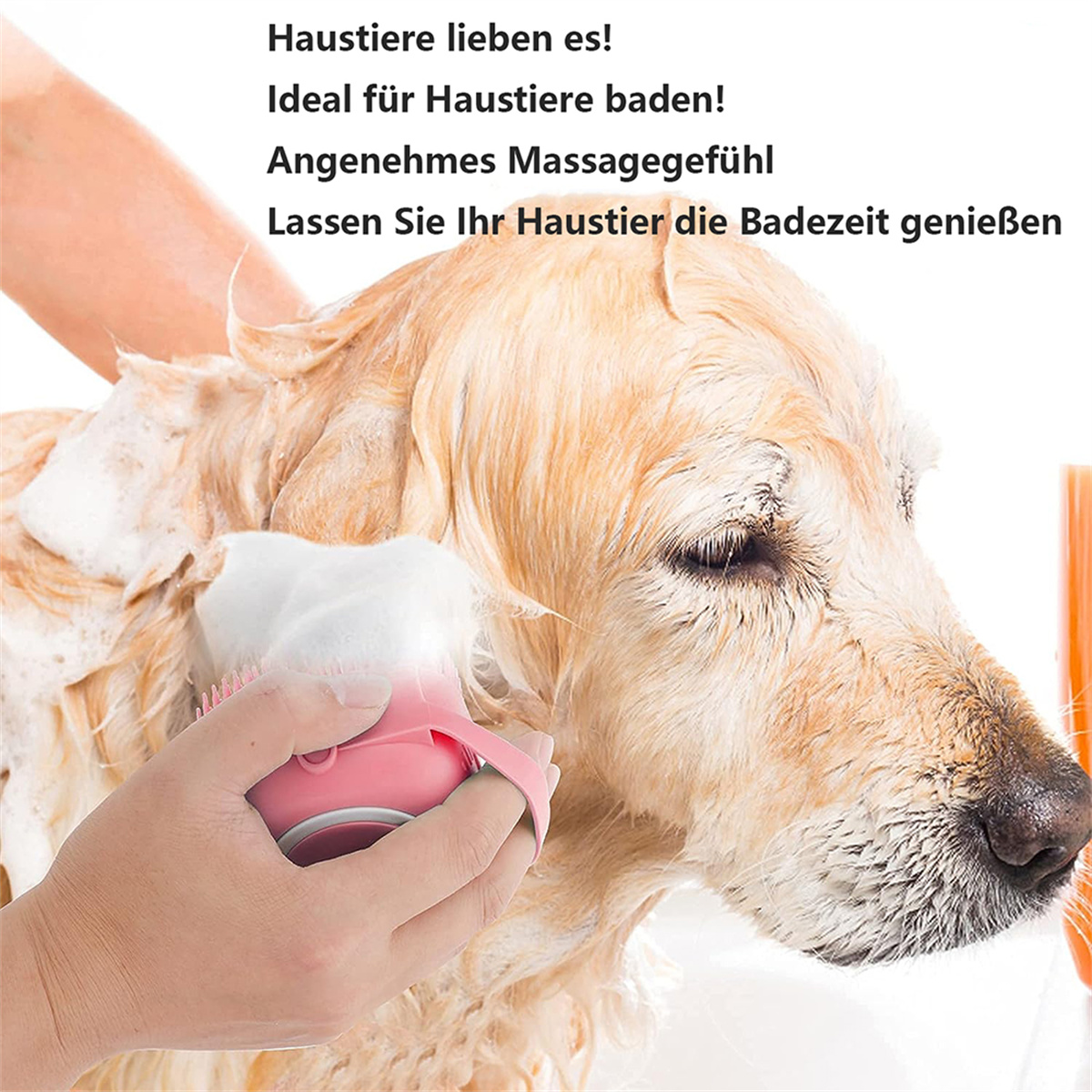 Hund wird mit einer rosa Bürste gebadet. Text auf Deutsch über das Baden von Haustieren.