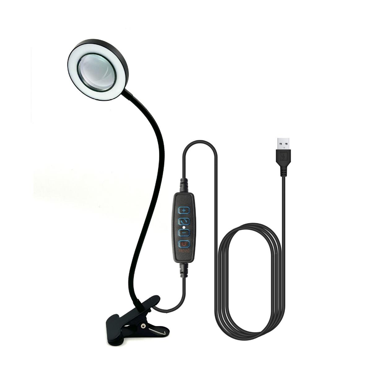 Eine schwarze Lupenlampe mit flexiblem Hals und USB-Kabel auf weißem Hintergrund.
