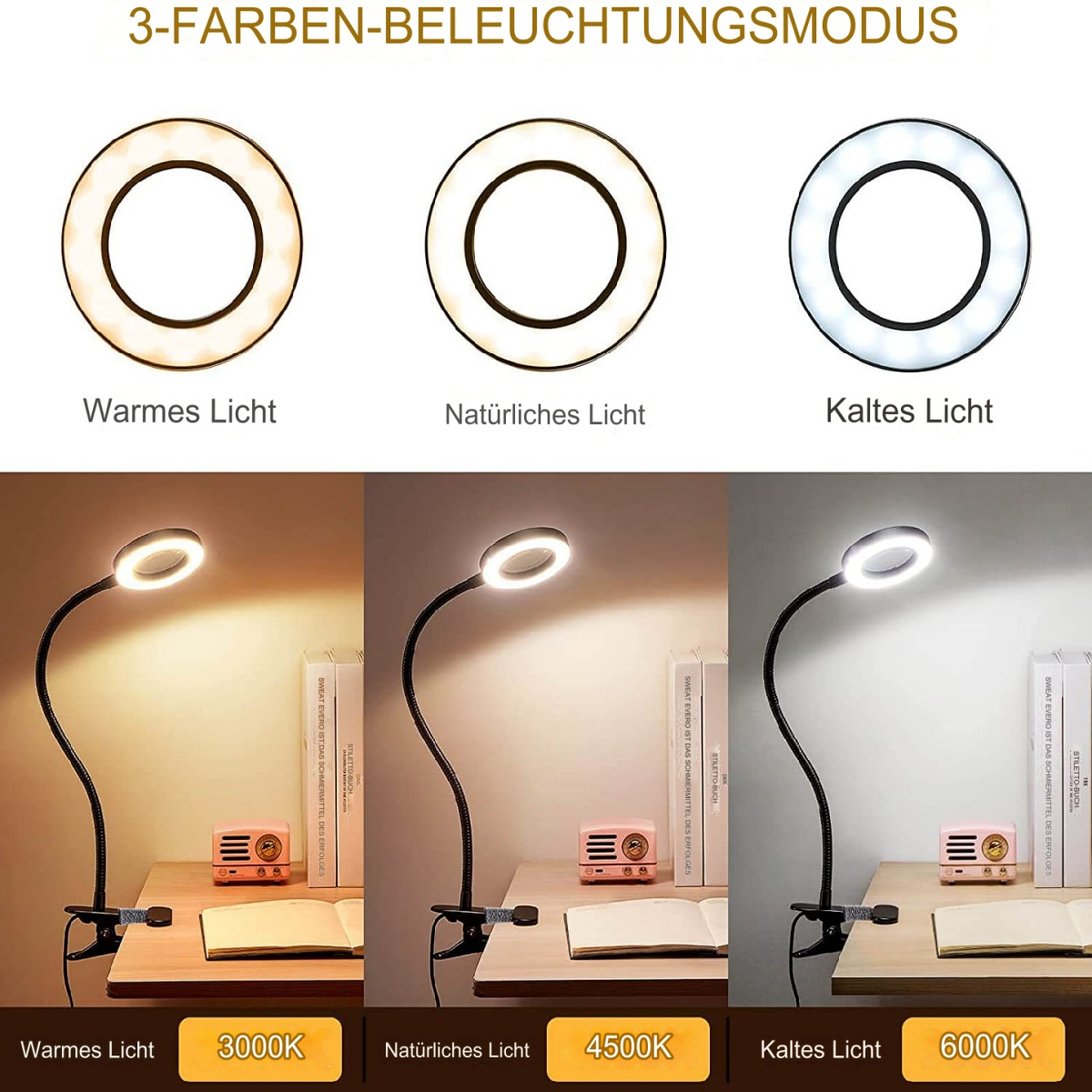 Drei Ringlichter, jedes mit unterschiedlicher Lichttemperatur und Helligkeit. Schwarze Schreibtischlampe.