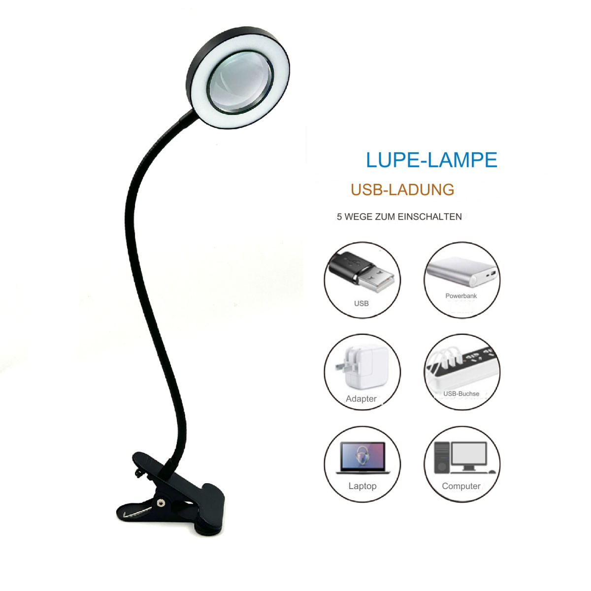 Eine schwarze Schreibtischlampe mit Lupe, an einem Clip befestigt. USB-Aufladung und Symbole werden angezeigt.