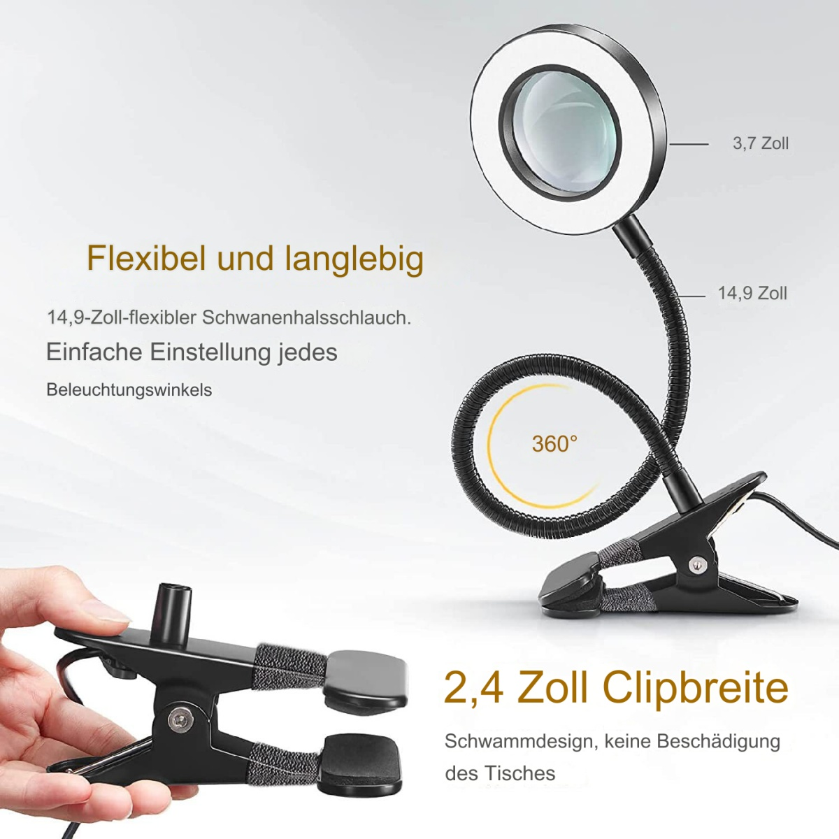 Eine Lupenlampe mit Clip, zeigt flexiblen Hals und Nahaufnahme.
