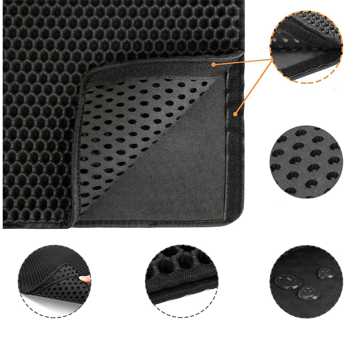 Schwarze Katzenstreumatte mit Wabenmuster und Details des Materials und der Wasserbeständigkeit.