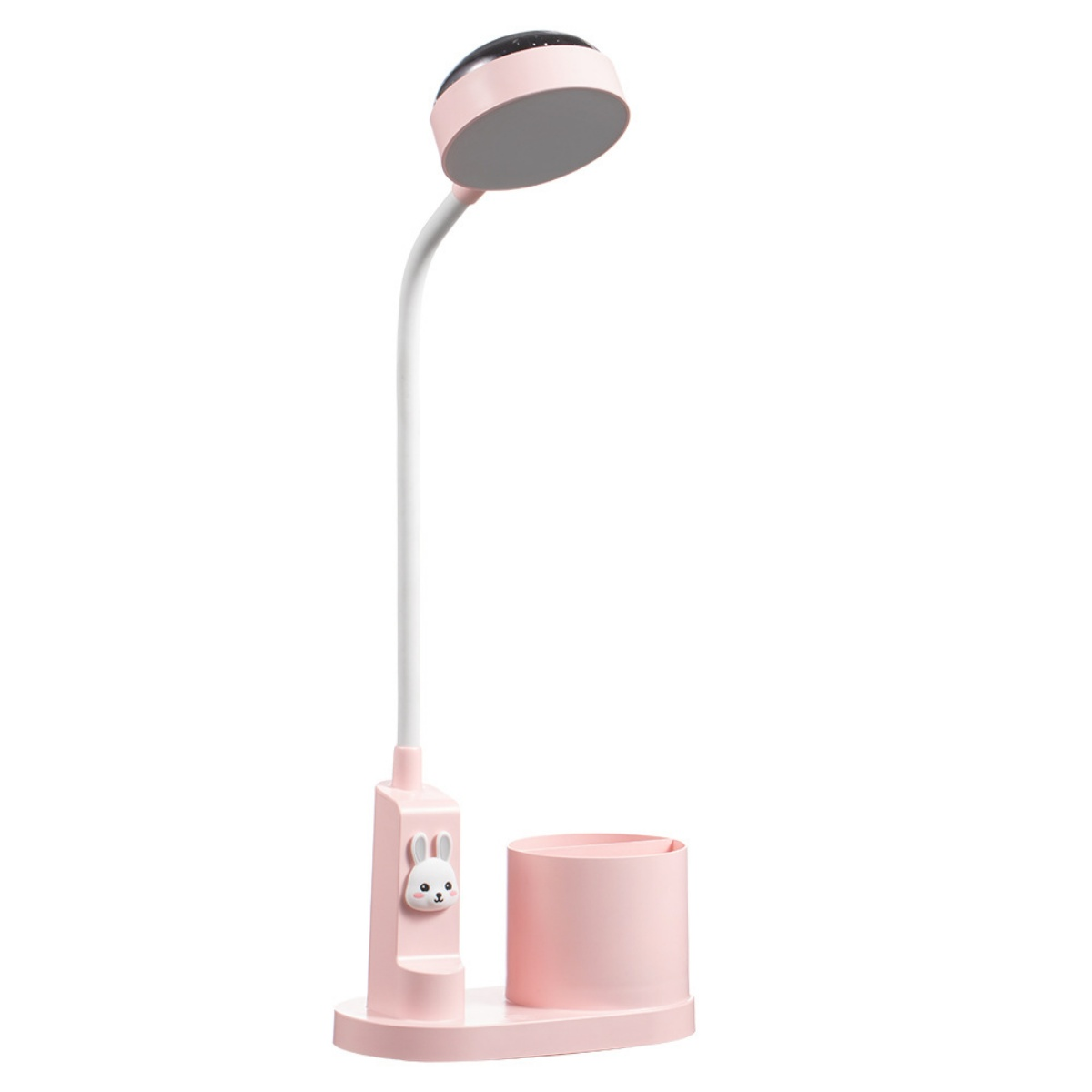 Eine rosa Schreibtischlampe mit Hasenmotiv, Stifthalter und gebogenem Arm.