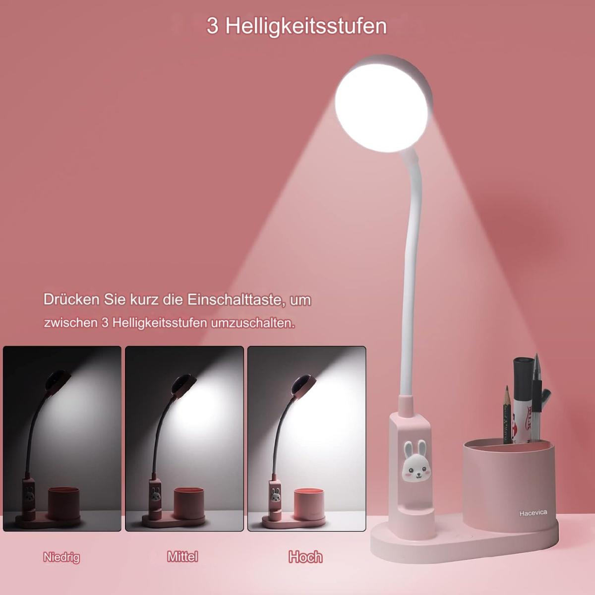 Rosa Schreibtischlampe mit Hase und Stifthalter, mit Beleuchtungseinstellungen.