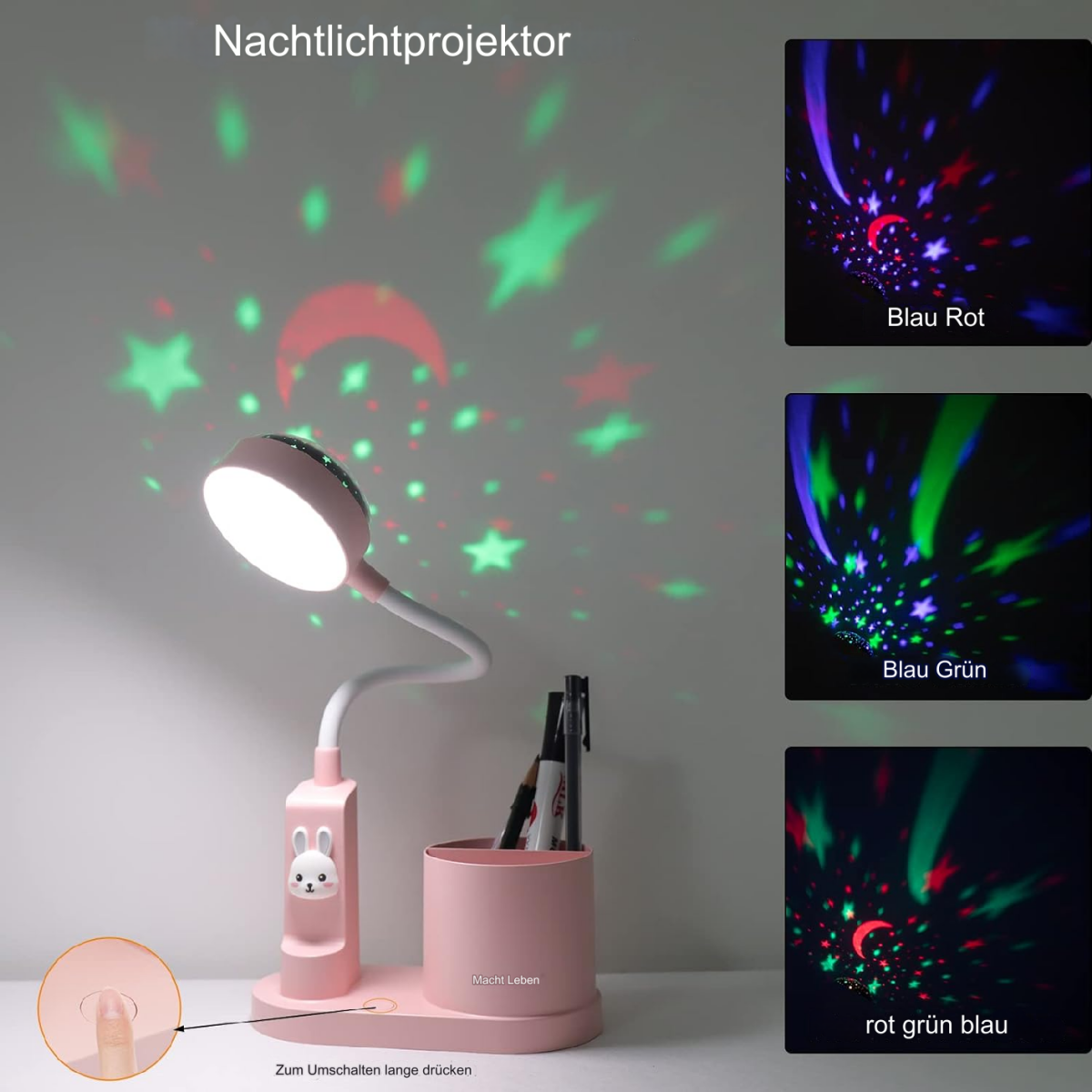 Eine rosa Nachttischlampe projiziert Sterne und Mondformen. Stifthalter und Kaninchenbasis.