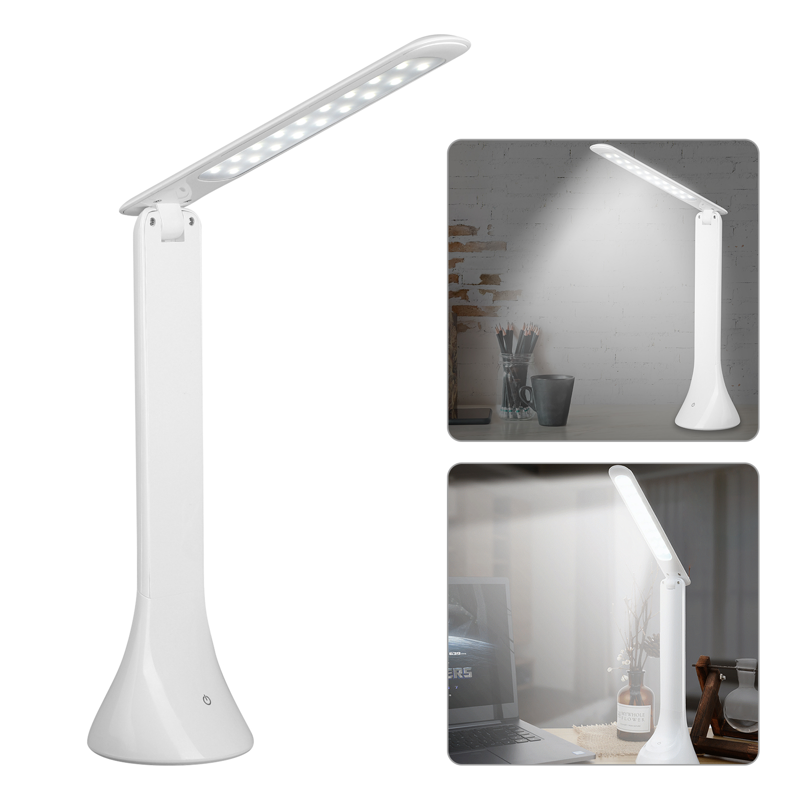 Weiße Schreibtischlampe, verstellbar. Drei Ansichten: Lampe leuchtet, Lampe auf dem Schreibtisch mit Objekten, Lampe leuchtet in einem Raum.