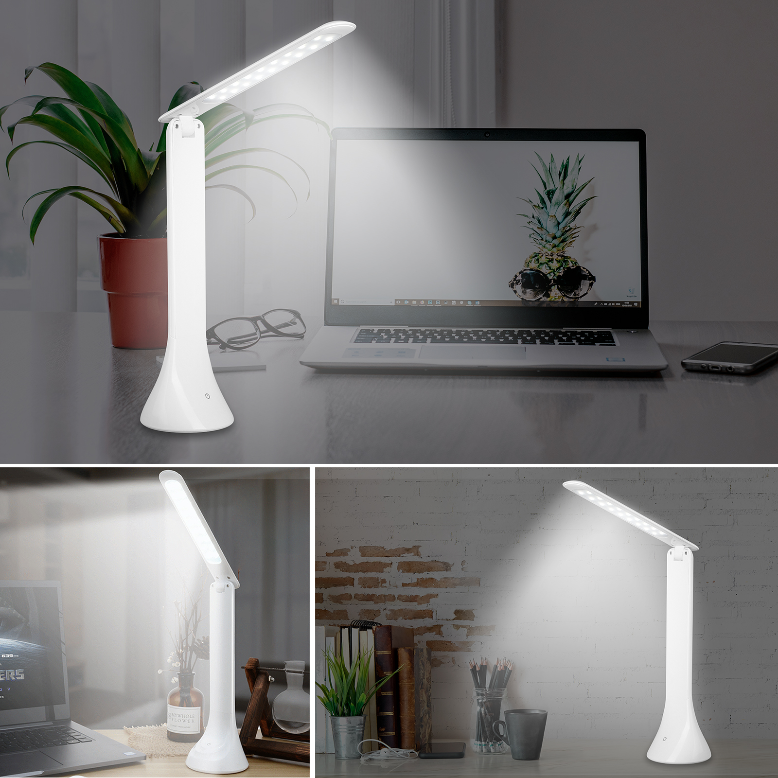 Weiße Schreibtischlampe mit verstellbarem Licht, verschiedene Ansichten, Laptop im Hintergrund.