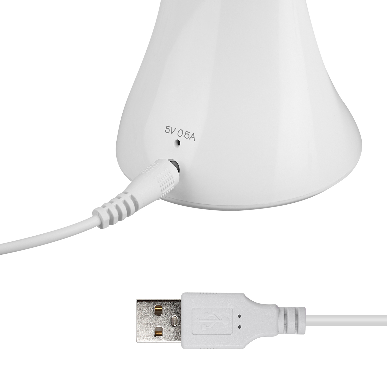 Weißer Lampensockel mit USB- und Stromanschluss, weißes USB-Kabel.
