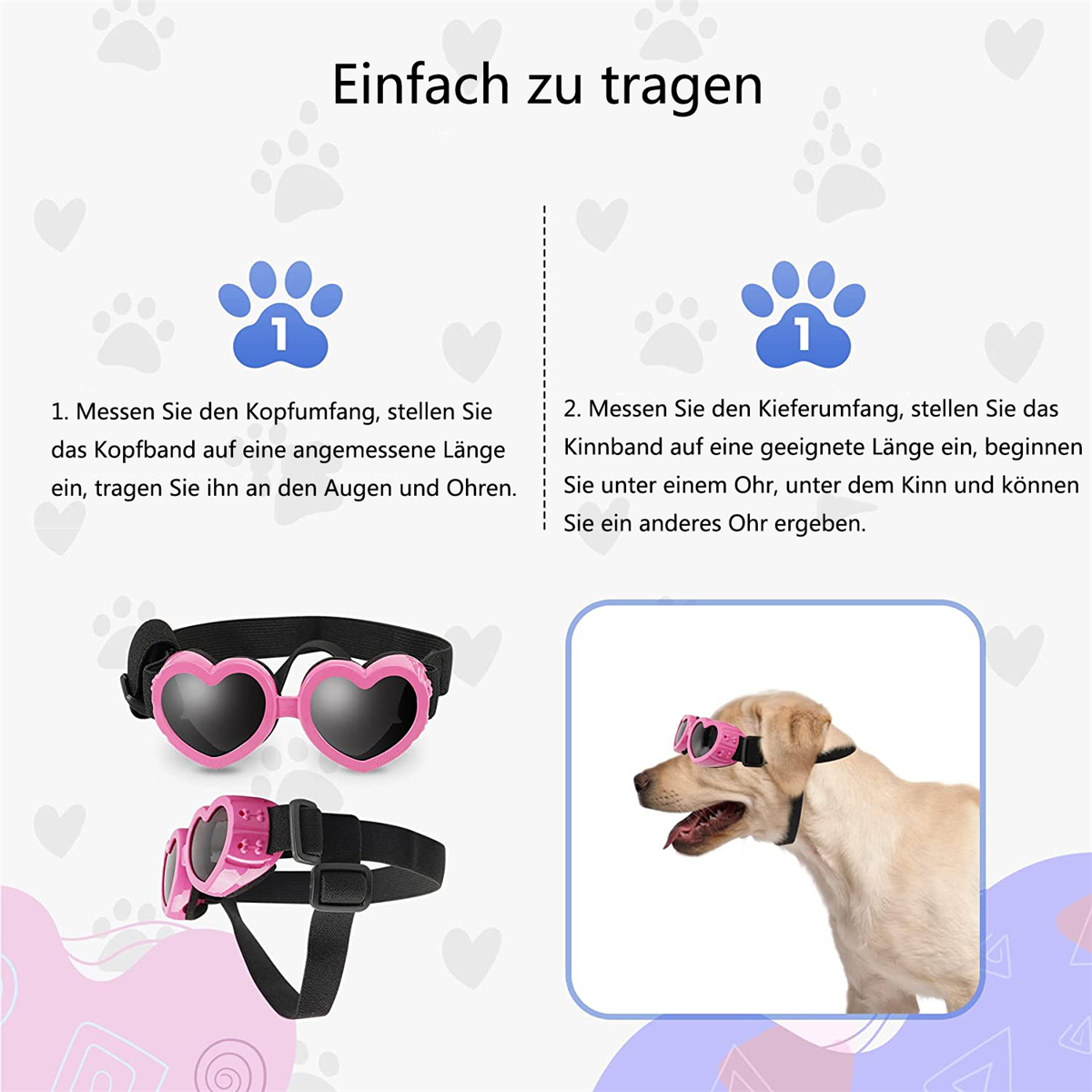 Rosa herzförmige Hundegläser, schwarze Riemen. Hund mit Brille. Anweisungen zum Messen.