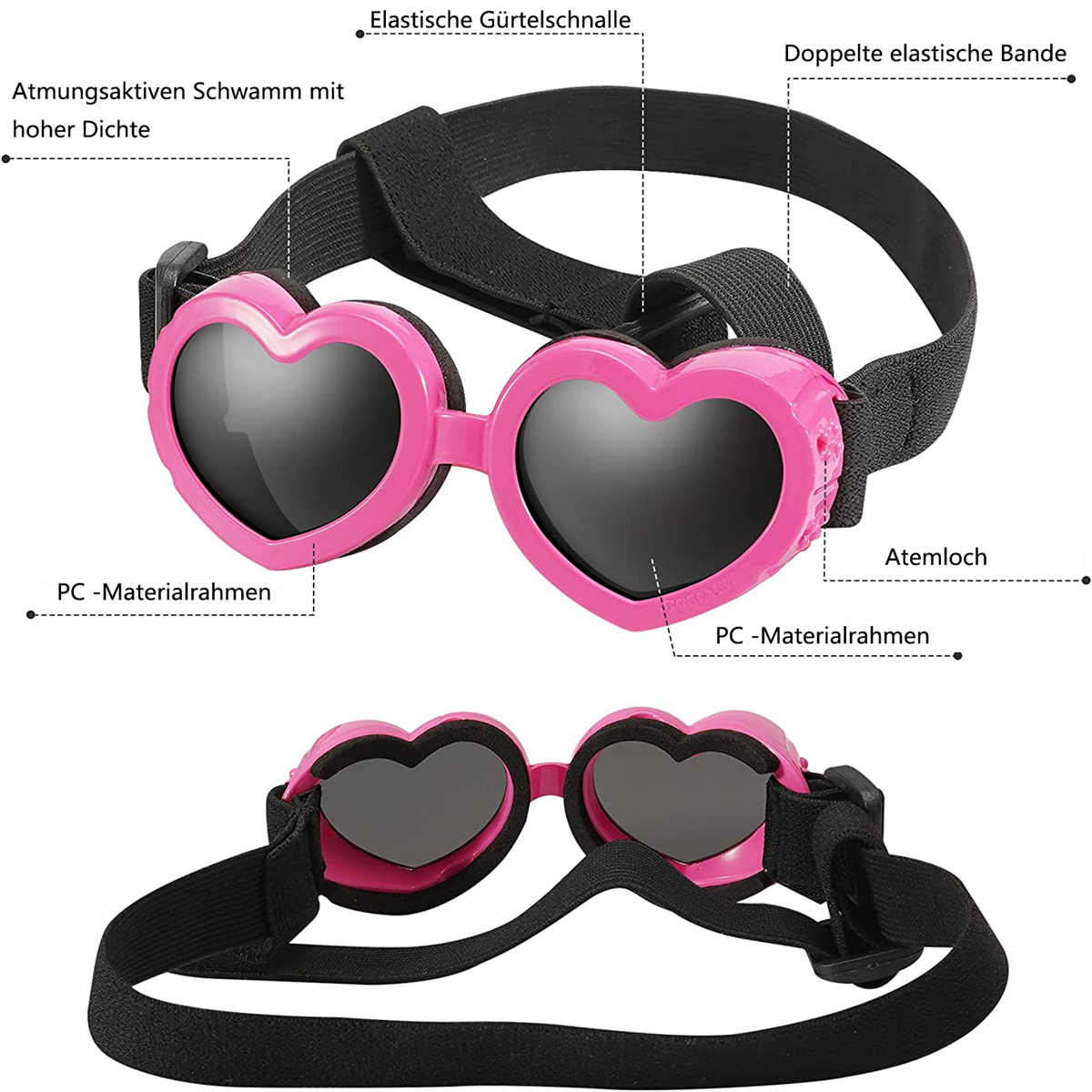 Rosa herzförmige Hunde-Sonnenbrille mit schwarzen Riemen, beschriftete Merkmale.