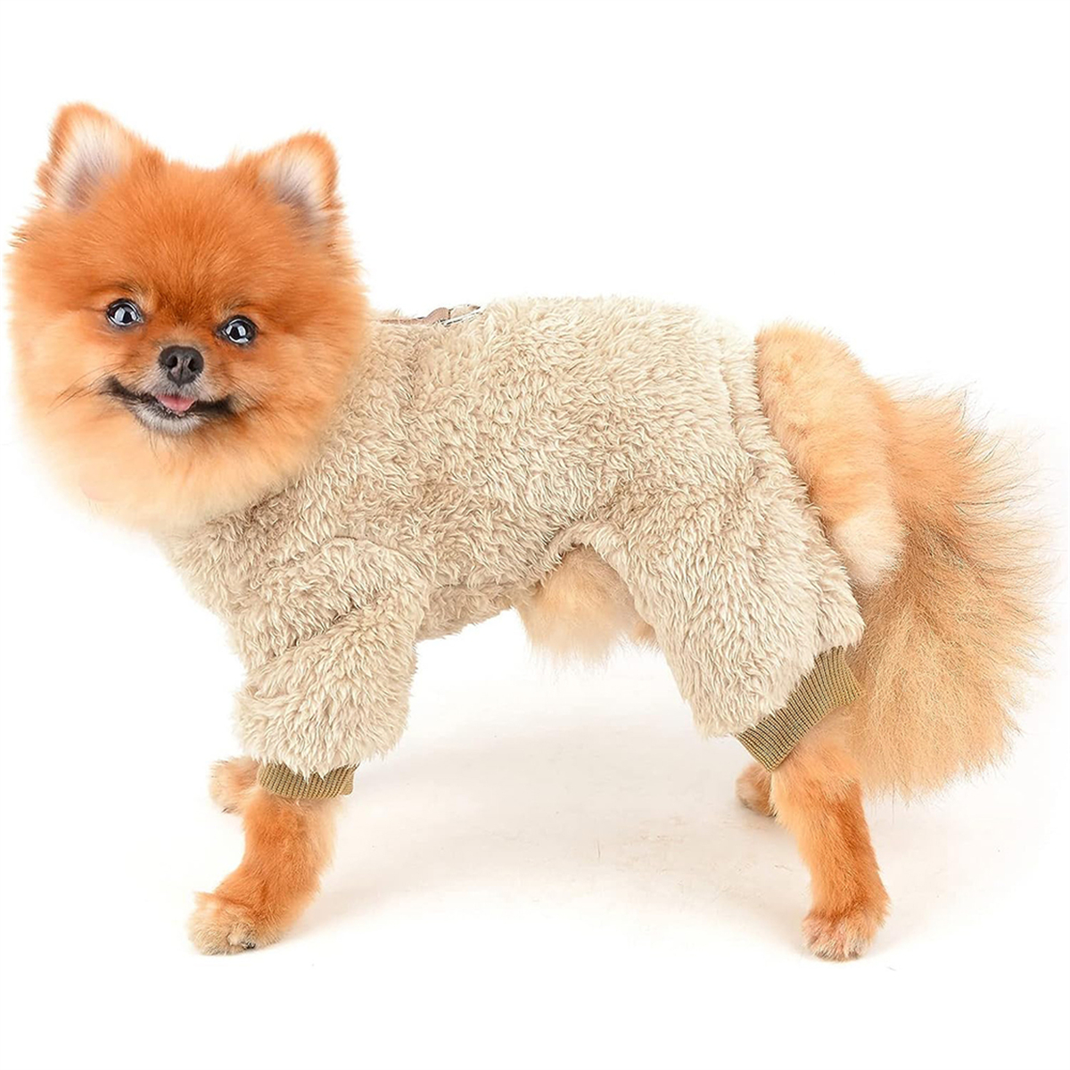 Ein Hund in einem beigefarbenen, flauschigen Overall, lächelnd, vor weißem Hintergrund.