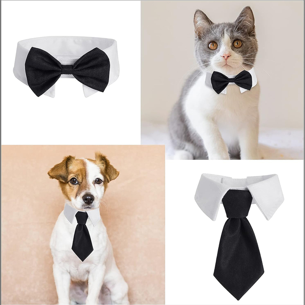 Haustier-Fliegen und Krawatten. Weißer Hintergrund, verschiedene Stile, Katze und Hund.