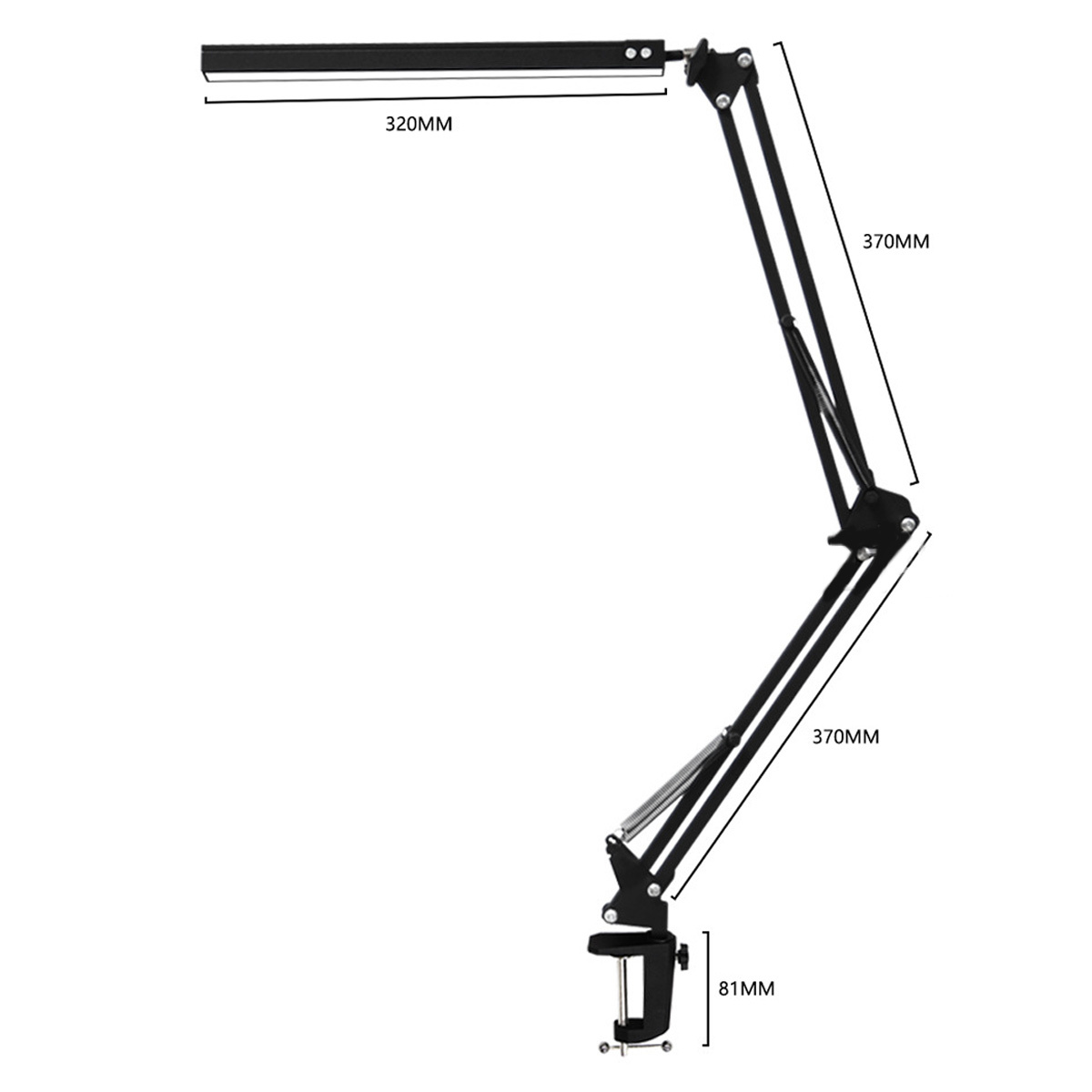 Eine schwarze, verstellbare Schreibtischlampe mit angegebenen Maßen.