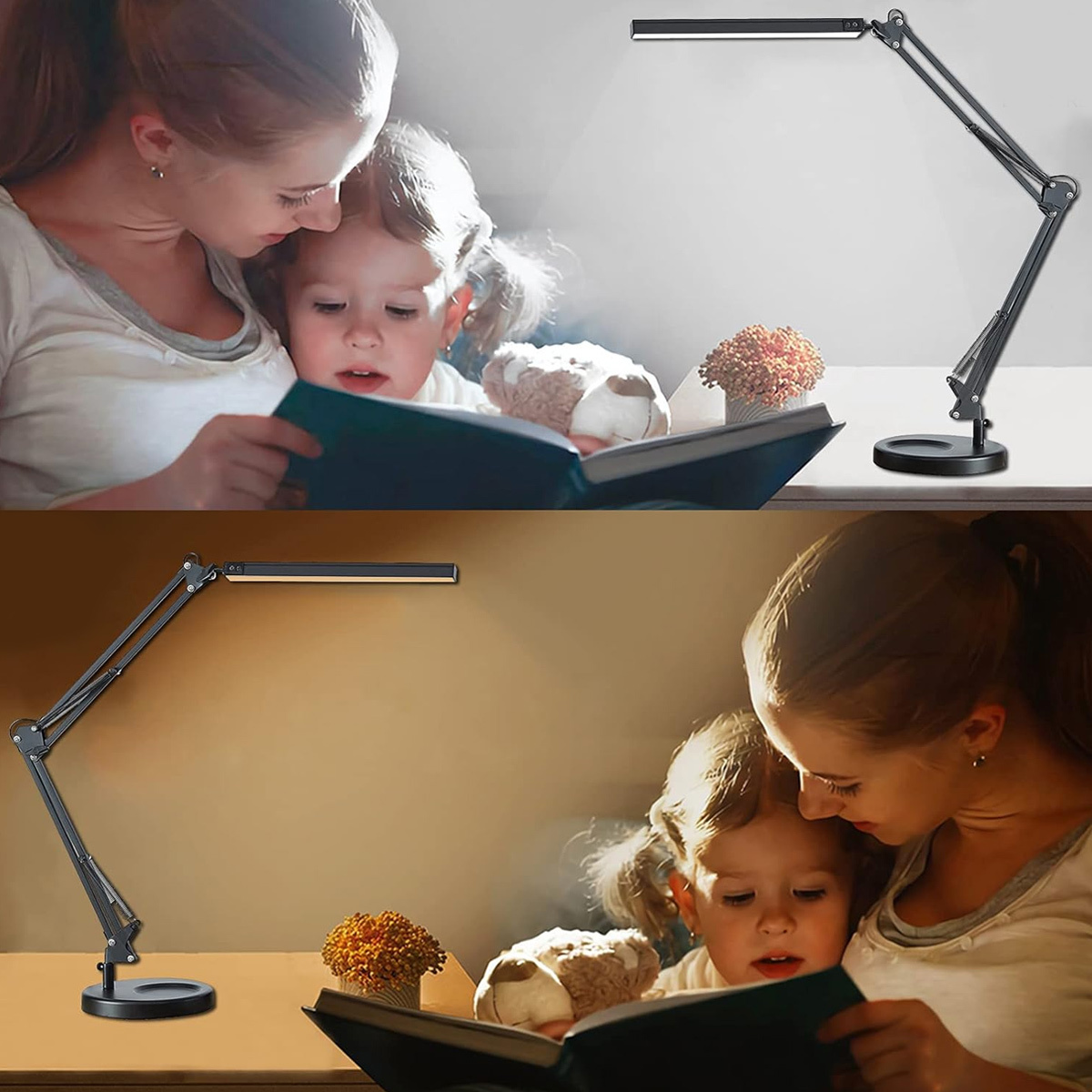 Mutter und Kind lesen ein Buch unter einer schwarzen Schreibtischlampe, in zwei Szenen.