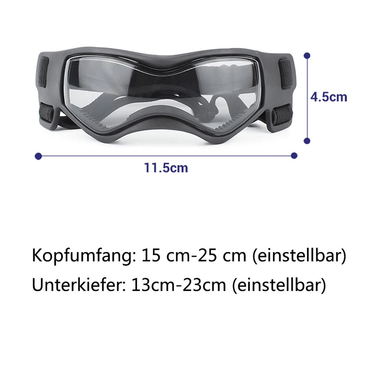 Schwarze Hundeschutzbrille mit klaren Gläsern, Maße beschriftet.