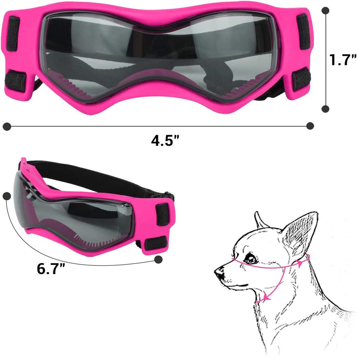 Rosa Hundegoggles mit Maßen und einer Zeichnung eines Hundes, der sie trägt.
