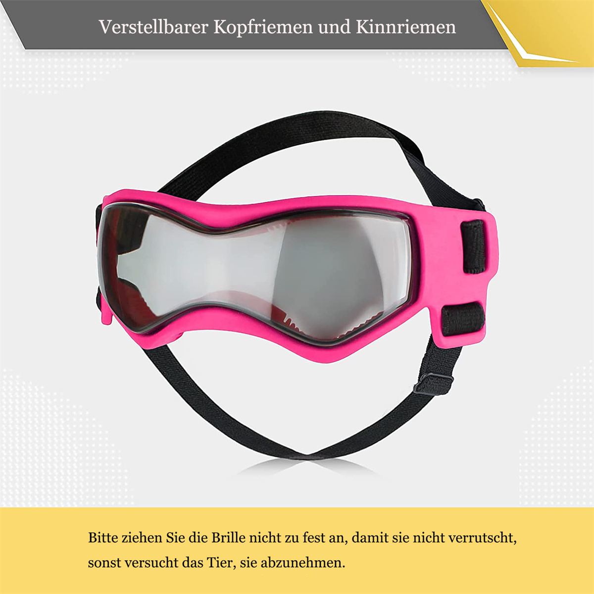 Rosa Hundeschutzbrille. Die Brille hat verstellbare Riemen und eine klare Linse. Text auf Deutsch unten.