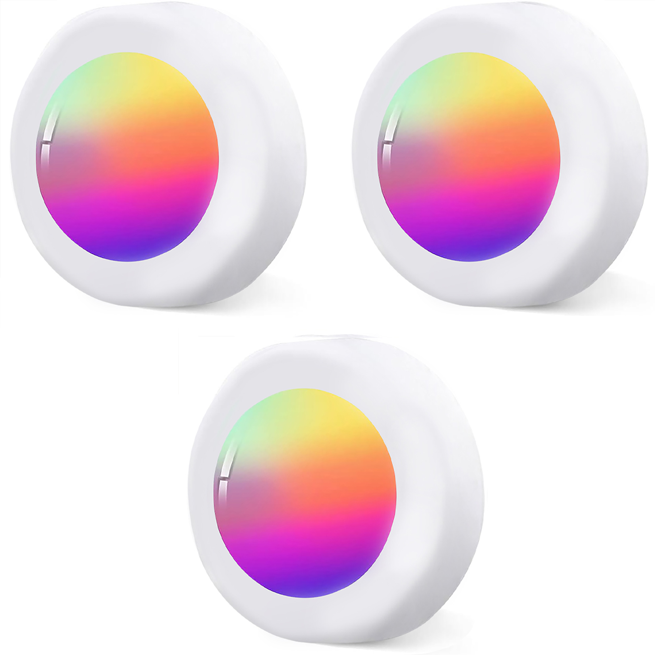 Drei weiße, runde Smart Lights mit farbigem Licht in der Mitte, vertikal angeordnet.