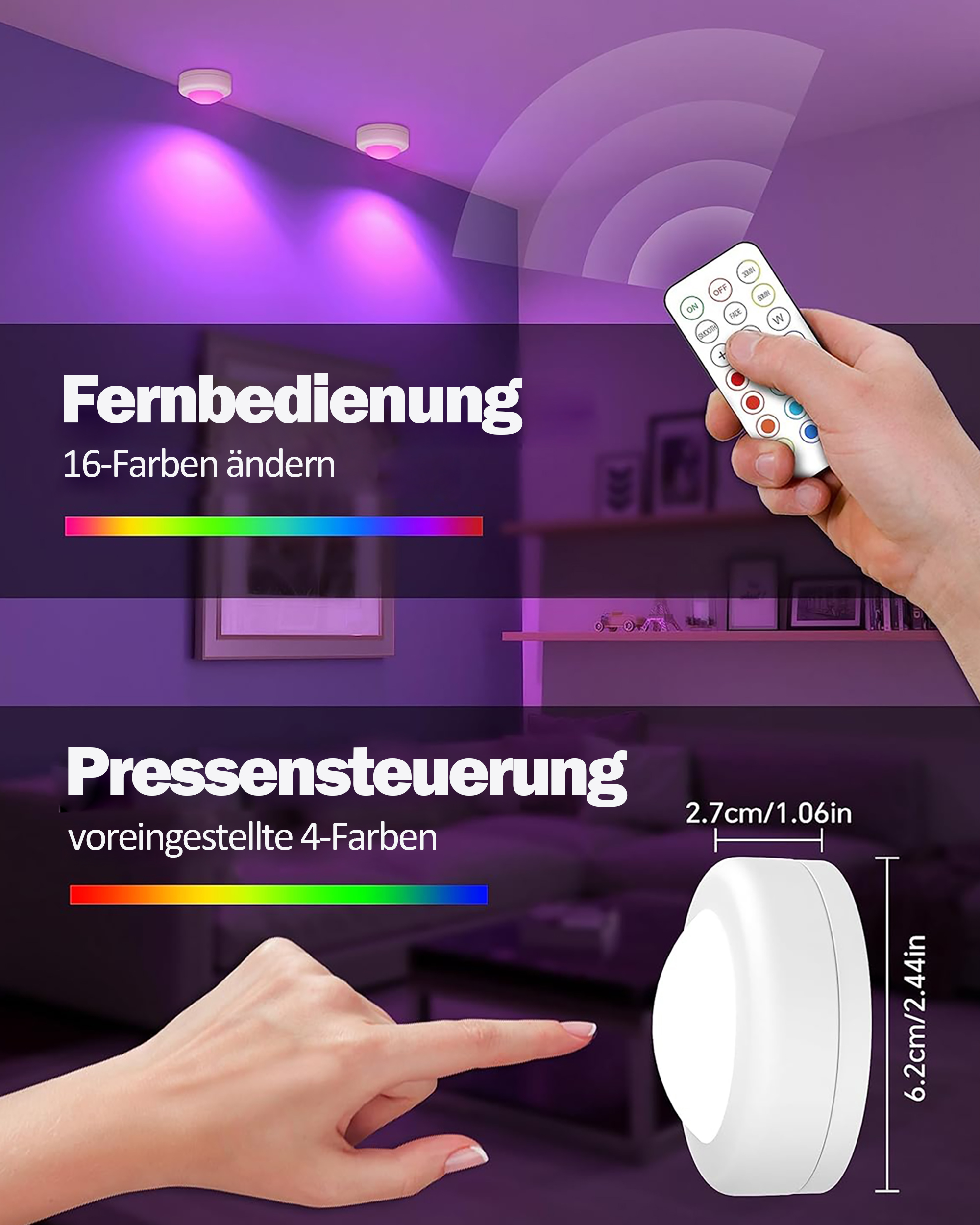 Hände bedienen eine Fernbedienung für eine Deckenlampe, mit farbigen Lichtern und Text.