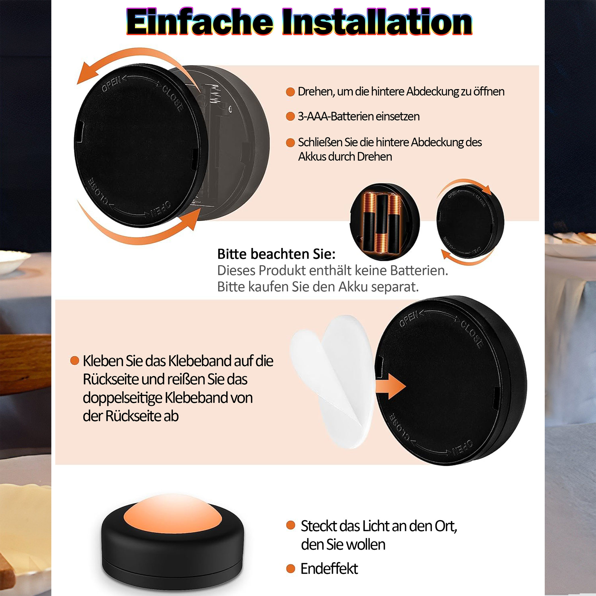 Diagramm zur Batterieinstallation. Bilder zeigen das Öffnen des Gehäuses, Einlegen der Batterien und die Montage mit Klebstoff.