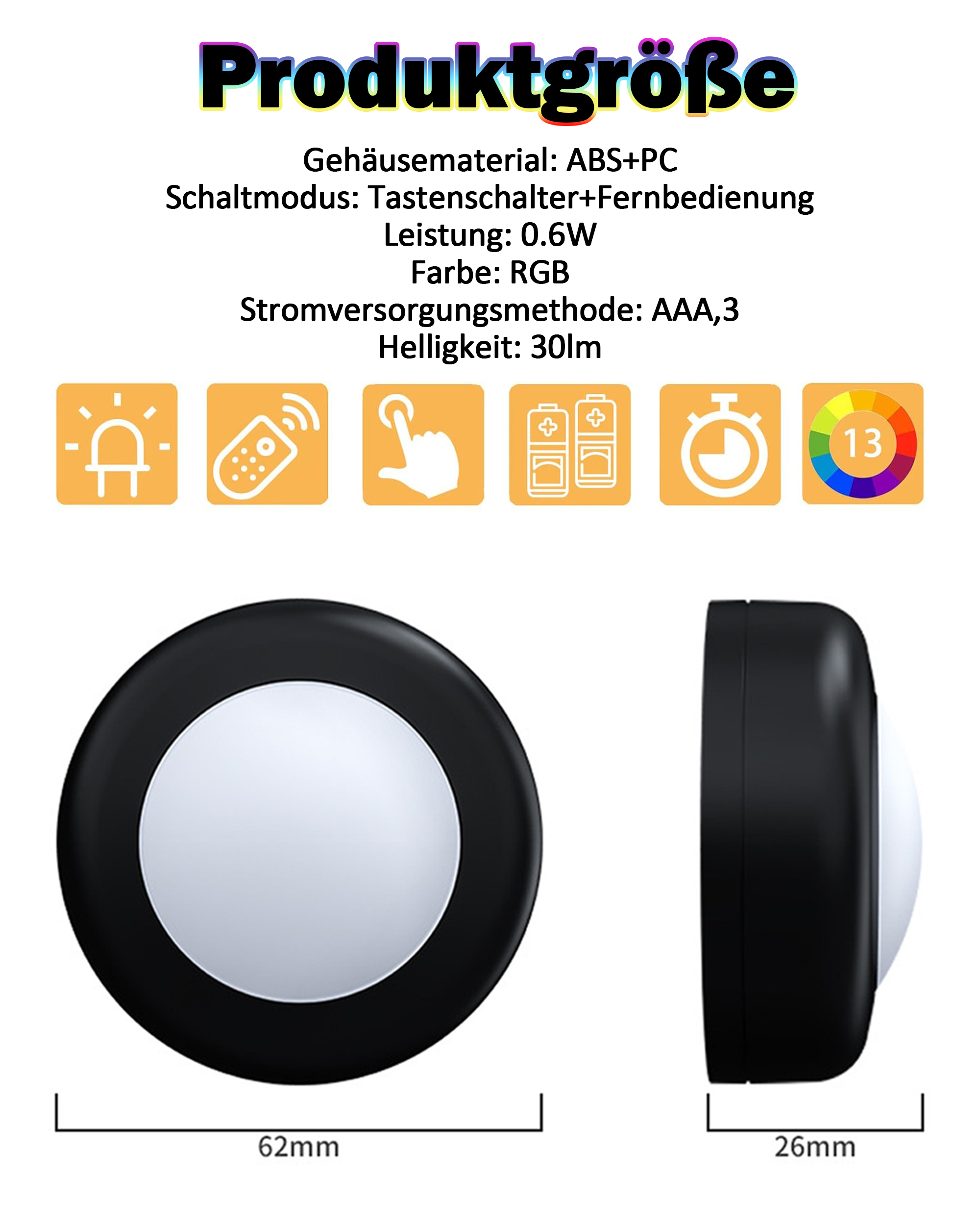 Ein Produkt mit Text und Symbolen. Das Produkt ist rund und schwarz mit weißem Licht, mit Maßen.
