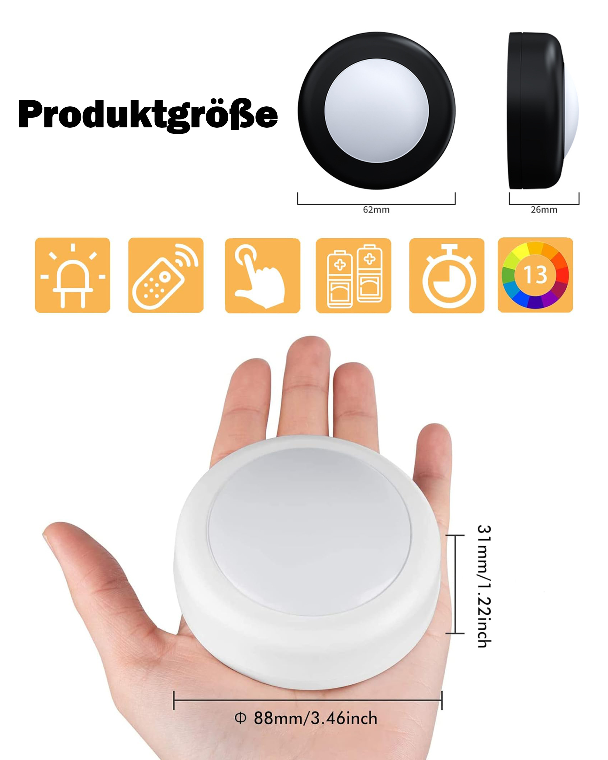 Ein weißes, kreisförmiges LED-Licht in der Hand einer Person, mit Abmessungen und Symbolen.