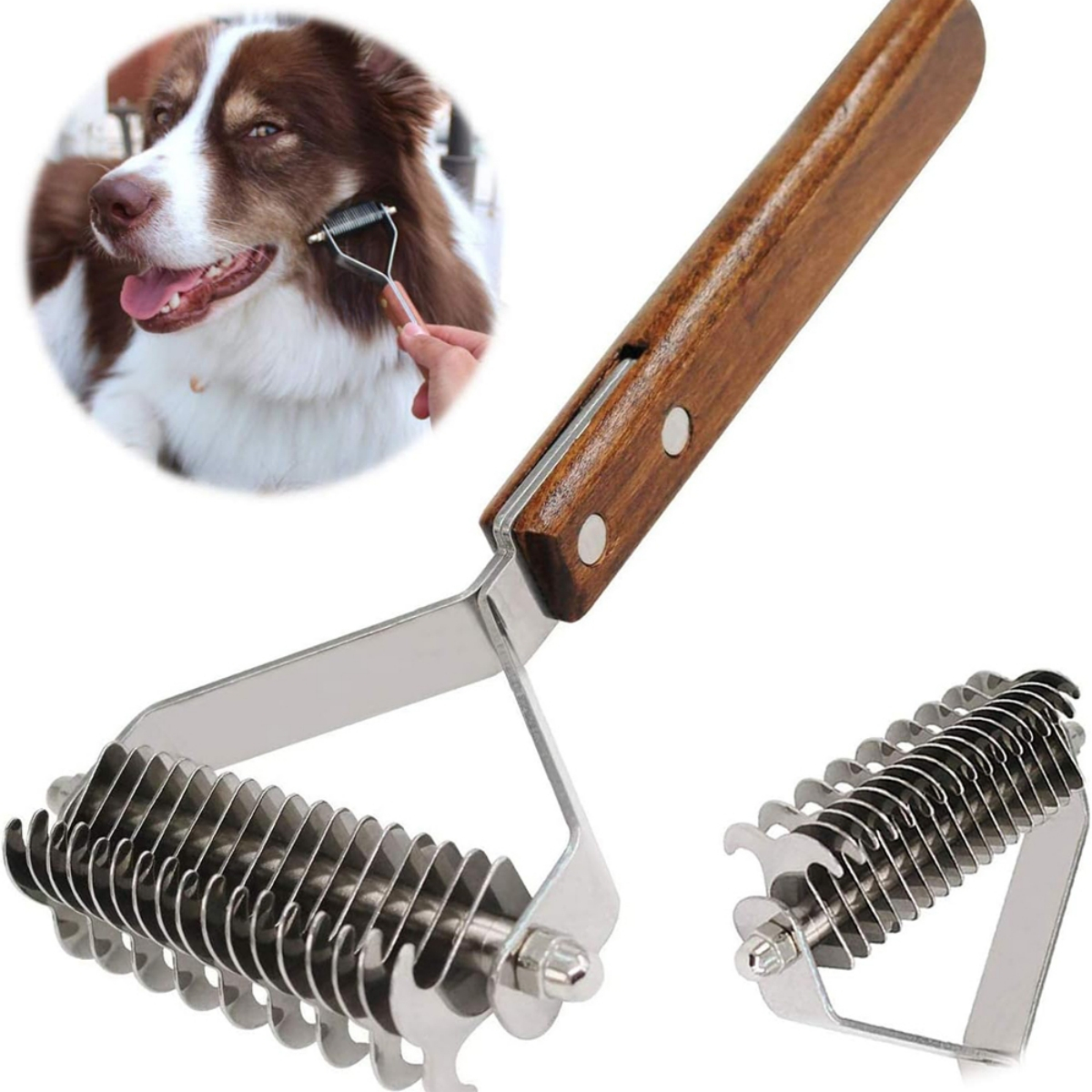 Ein Hund wird mit einem Metall- und Holzwerkzeug gepflegt, Nahaufnahme des Werkzeugs.