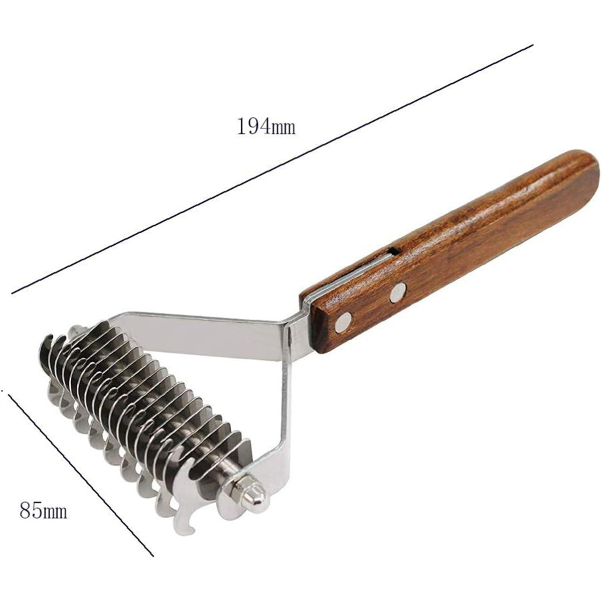 Ein Metall-Haustierpflege-Werkzeug mit Holzgriff, 194 mm lang und 85 mm breit.