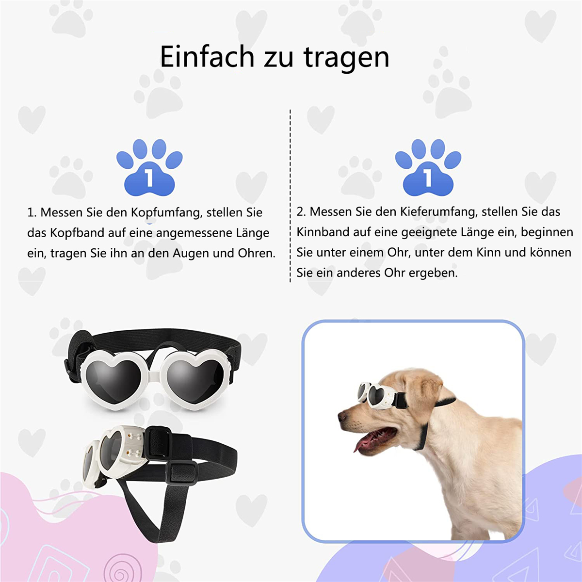 Anweisungen und Bilder von Hunden, die Sonnenbrillen tragen.