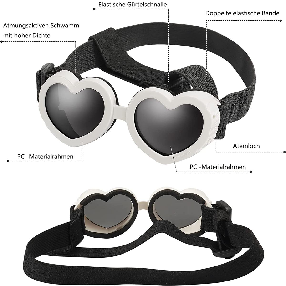 Hundebrille in Weiß mit herzförmigen Gläsern und schwarzem Riemen, mit Funktionsbezeichnungen.