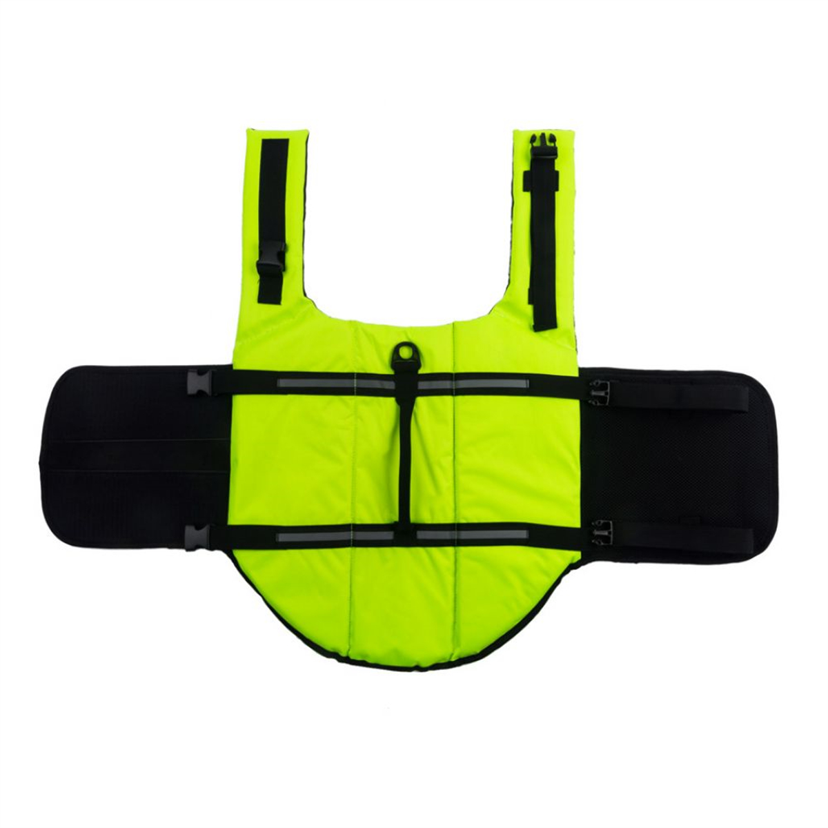Neongrüne Hunde-Schwimmweste mit schwarzen Gurten und reflektierenden Streifen, auf weißem Hintergrund.