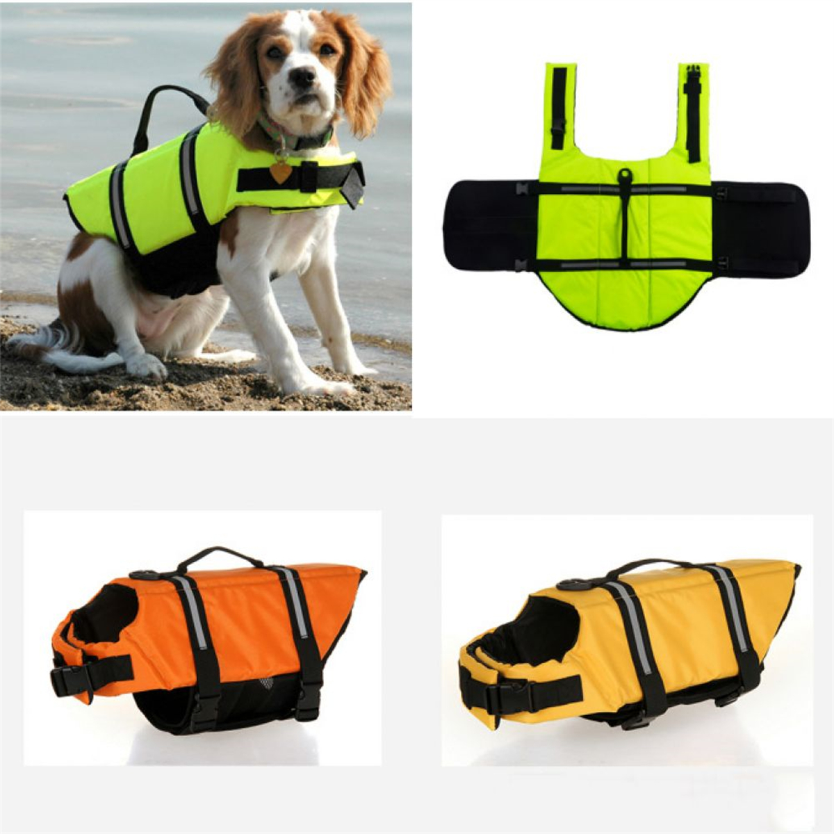 Hund mit Schwimmweste am Wasser, dazu drei weitere Hundeschwimmwesten in verschiedenen Ansichten und Farben.