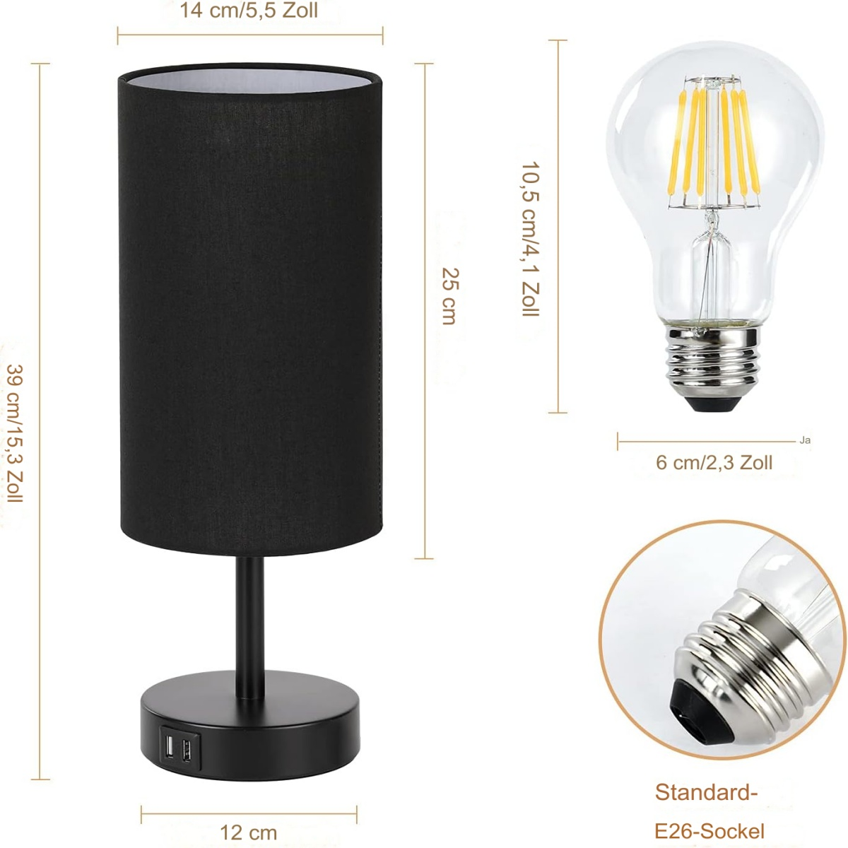 Schwarze Tischlampe mit schwarzem Lampenschirm und daneben eine Glühbirne, mit Maßen in cm und Zoll.