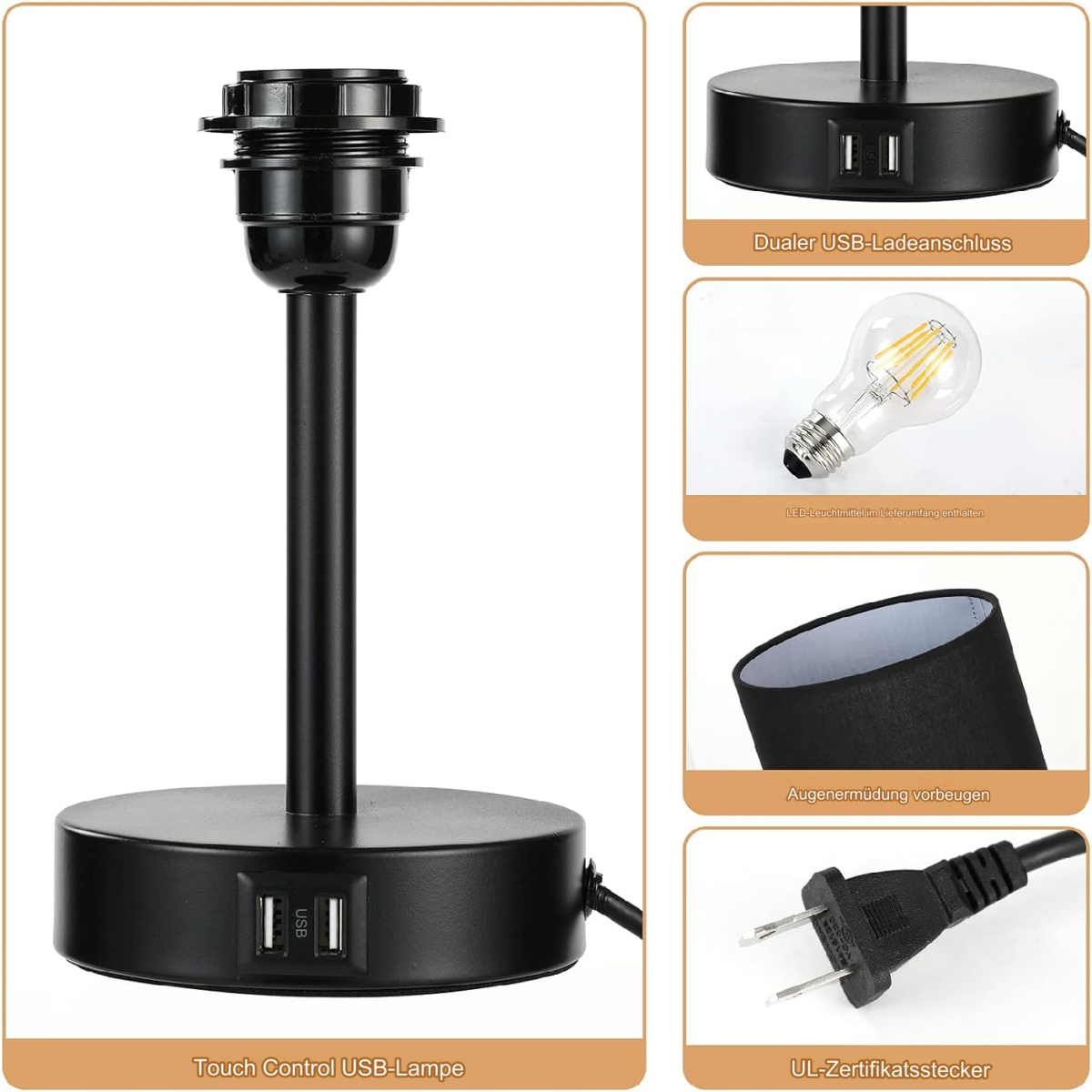 Schwarze Lampe mit USB-Anschlüssen. Die Lampe hat einen schwarzen Sockel und einen schwarzen Lampenschirm.