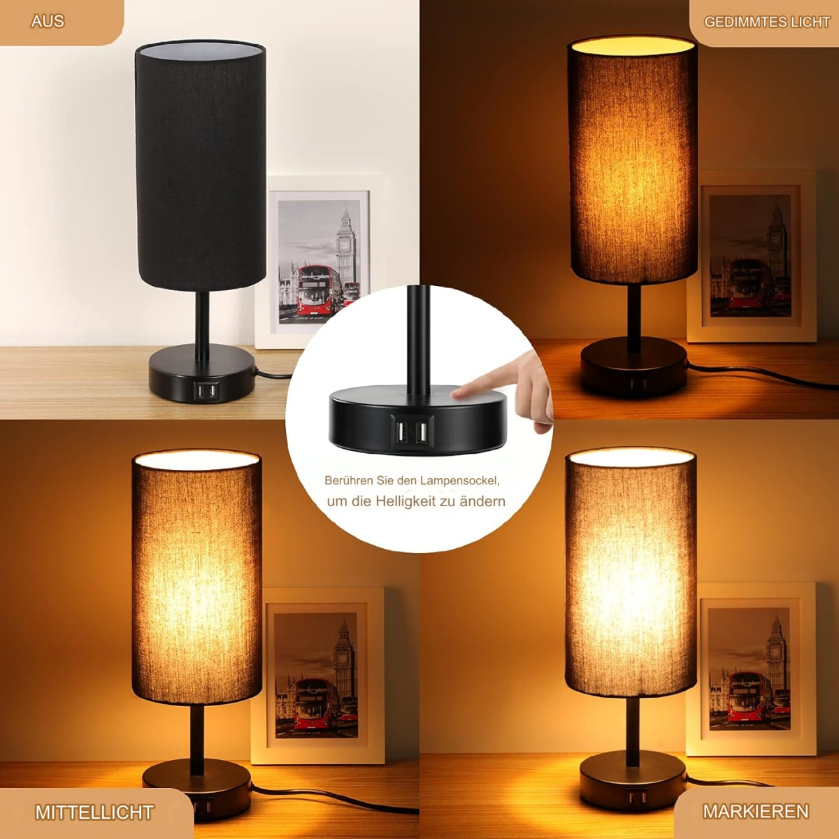 Eine Tischlampe mit schwarzem Sockel und Schirm. Die Lampe ist in verschiedenen Bildern an und aus.
