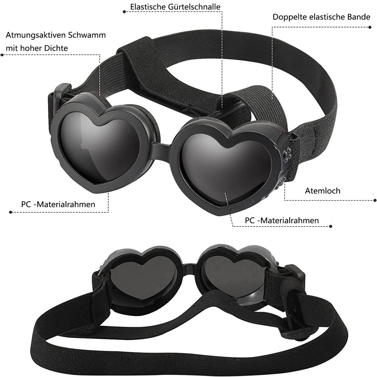 Schwarze herzförmige Hunde-Sonnenbrille mit verstellbarem Riemen und Textbeschriftungen auf Deutsch.