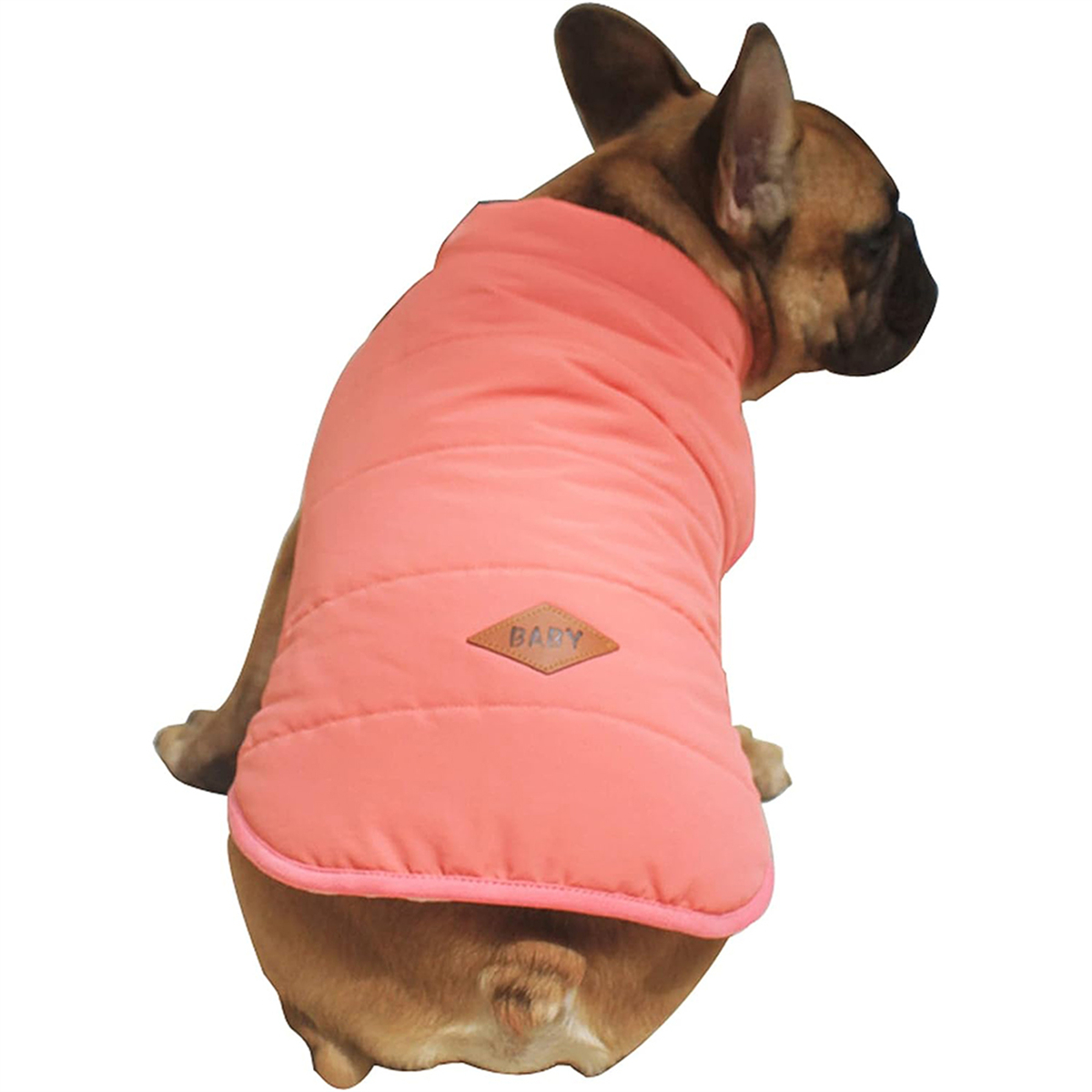 Hund trägt eine pinke Pufferjacke mit einem Logo-Aufnäher mit der Aufschrift BABY.