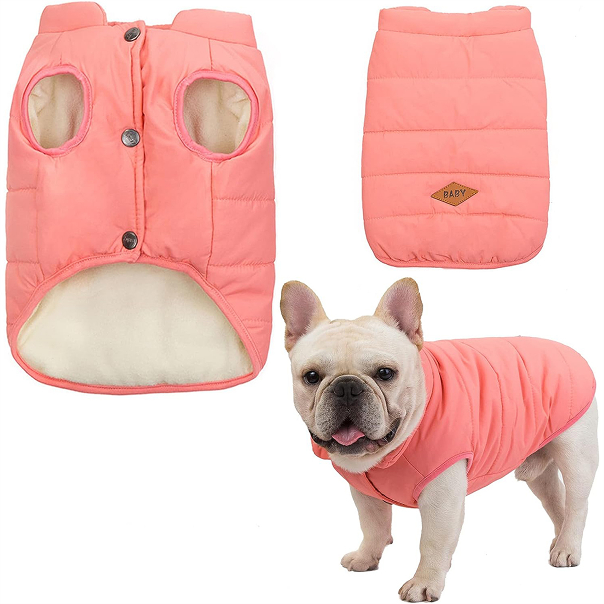 Drei Ansichten einer korallenrosa Hunde-Weste mit Knöpfen und eine französische Bulldogge mit der Weste.