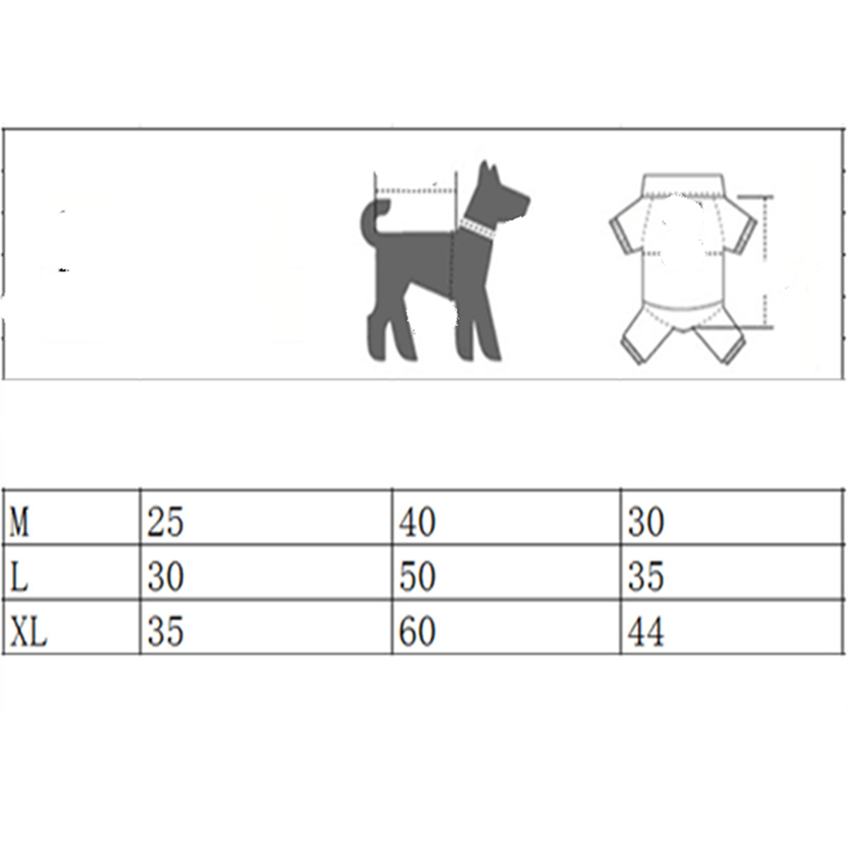 Diagramm mit einer Hunde-Silhouette mit Maßen und einer Tabelle mit den Größen M, L, XL und Maßen.