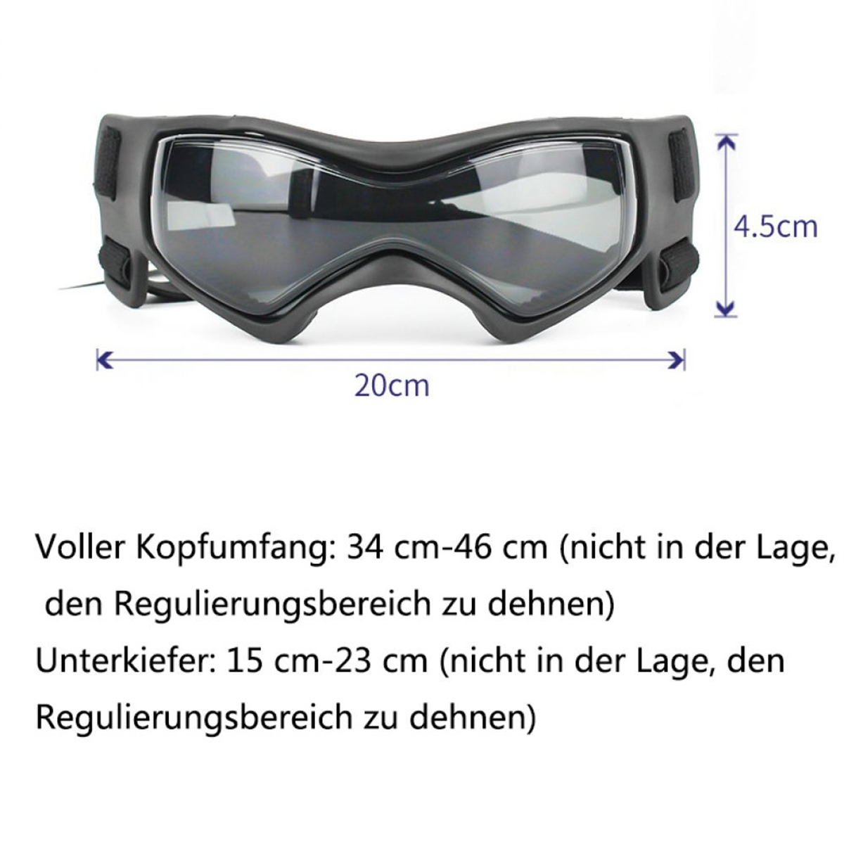 Schwarze Hundebrille mit Maßen. Text auf Deutsch zur Passform.