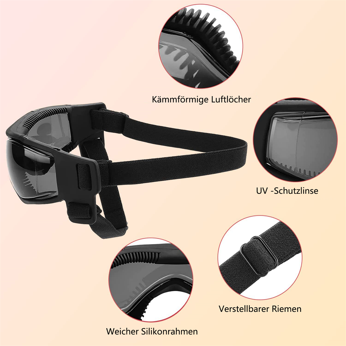 Schwarze Tierbrille, Riemen und Details. Nahaufnahmen von Komponenten, mit Textbeschriftungen.