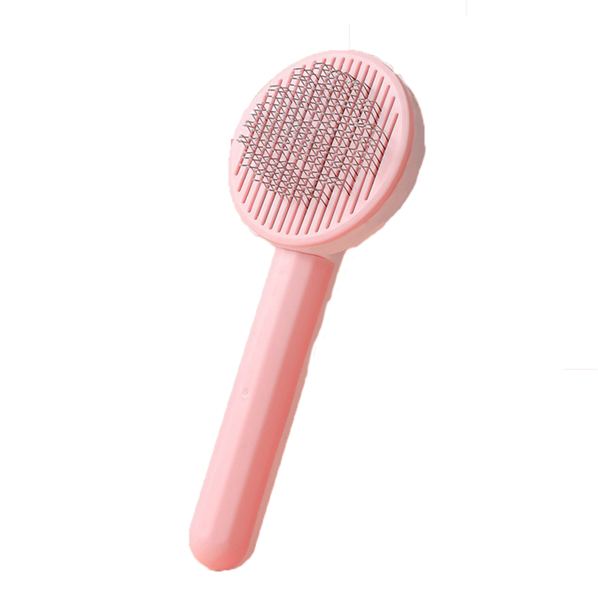 Rosa Haustierbürste mit langem Griff und Metallborsten. Die Borsten sind in Reihen angeordnet.