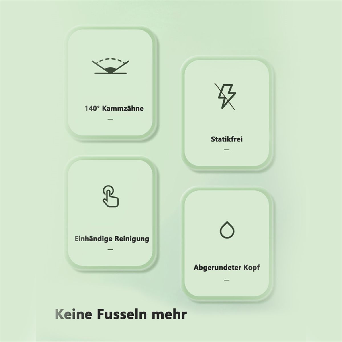 Bild zeigt Produktmerkmale: 140° Zähne, antistatisch, einfache Reinigung und runder Kopf, mit Text "Keine Fusseln mehr".