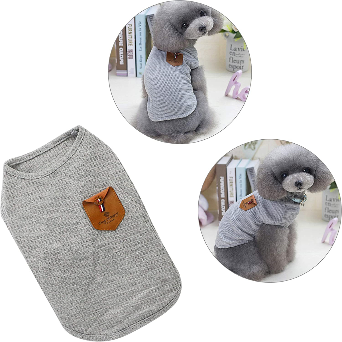 Ein graues Hundehemd mit Tasche. Es werden auch zwei Hunde mit Hemden gezeigt.