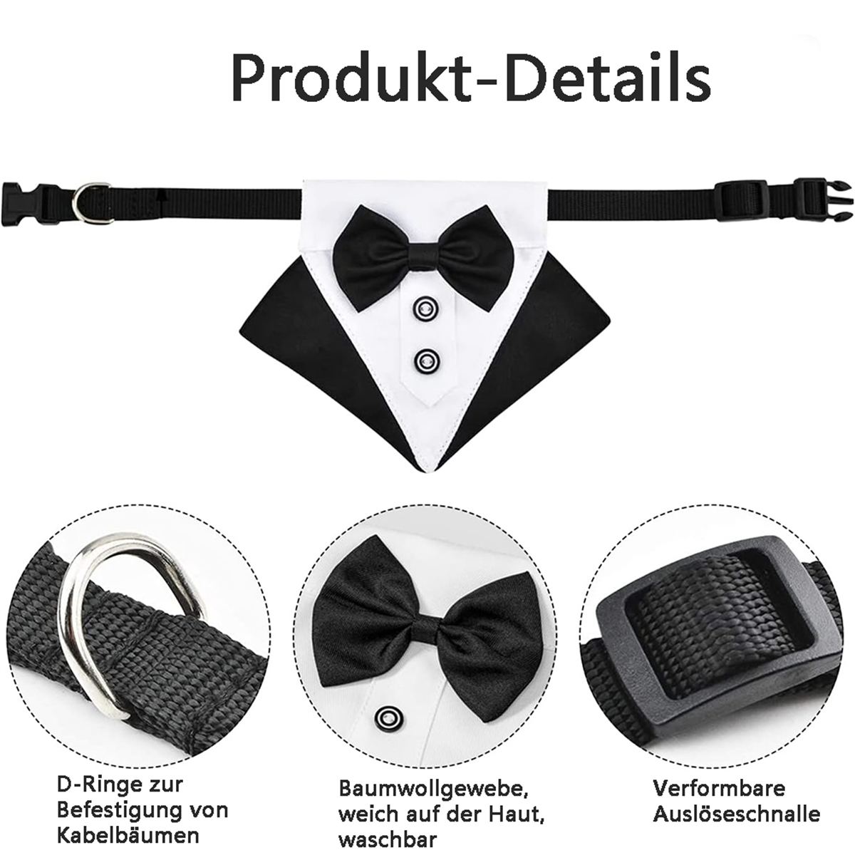 Hundehalsband mit schwarzer Fliege. Nahaufnahmen von Details wie Nähten und Schnallen.