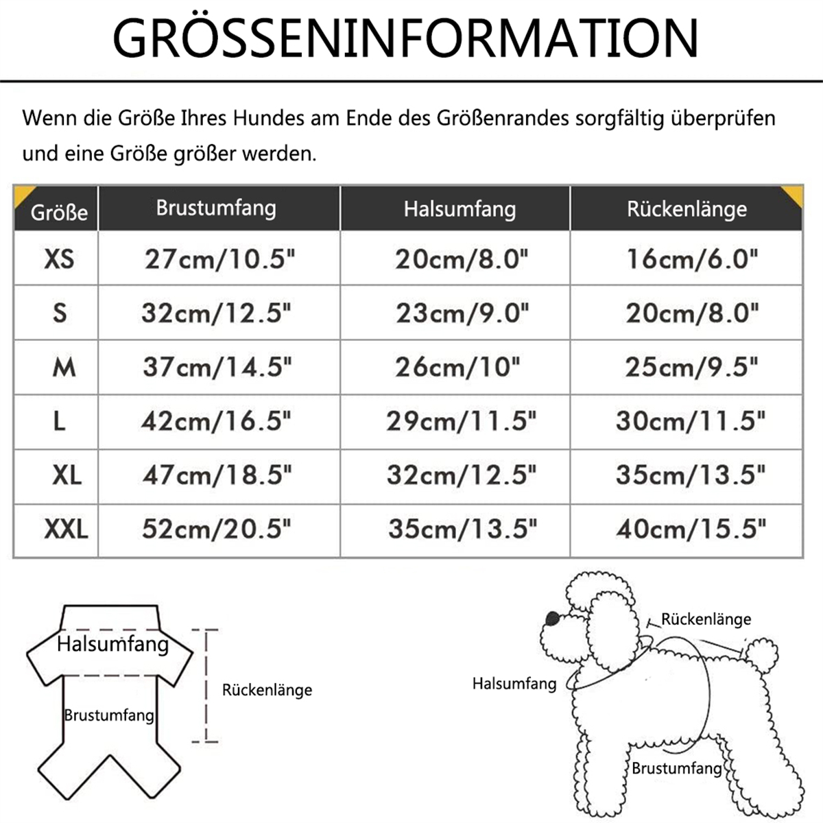 Größentabelle für Hundebekleidung mit Brust-, Hals- und Rückenmaßen in cm/Zoll.